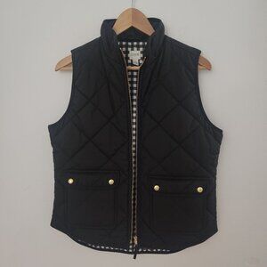 J. Crew Women Vest Puffer Black Jacket Quilt Front Gold Snap Pocket Check Small
